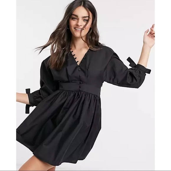 Asos Design Cotton Poplin Button Detail Mini Smock Dress with Tie Sleeves - Picture 2 of 10